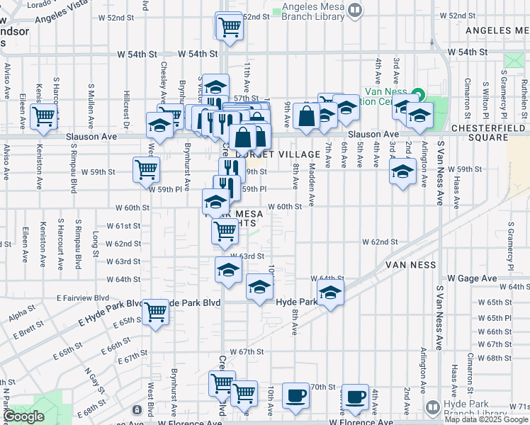 map of restaurants, bars, coffee shops, grocery stores, and more near 3212 West 60th Street in Los Angeles