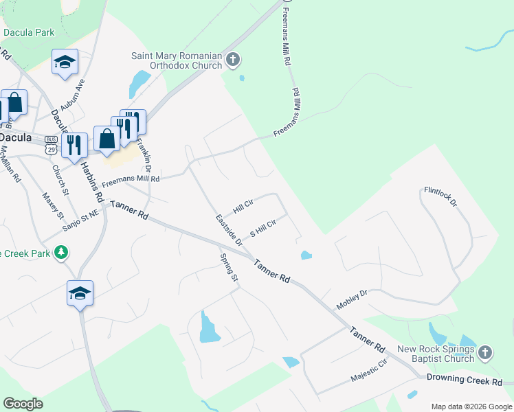 map of restaurants, bars, coffee shops, grocery stores, and more near 2882 Hill Circle in Dacula