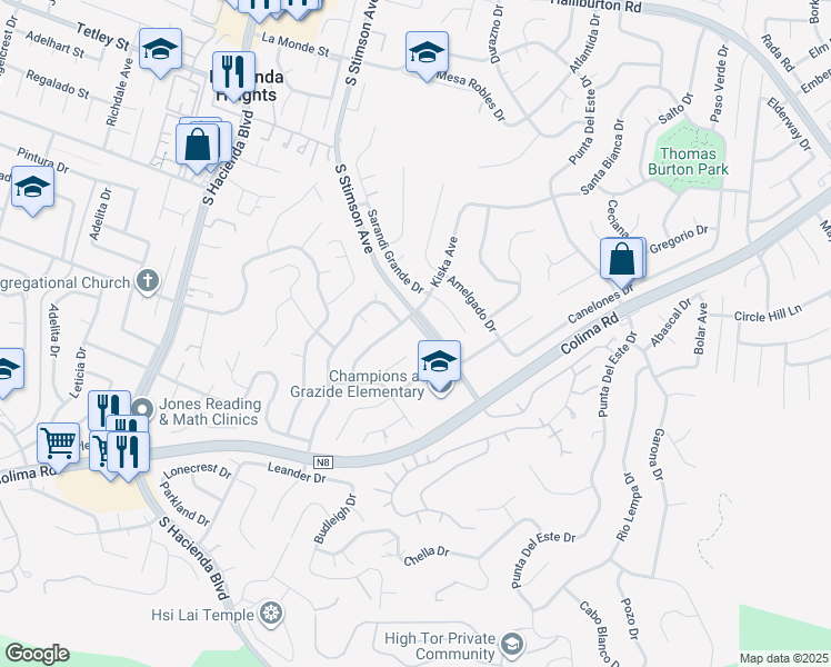 map of restaurants, bars, coffee shops, grocery stores, and more near 2719 South Stimson Avenue in Hacienda Heights