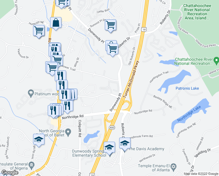map of restaurants, bars, coffee shops, grocery stores, and more near Highland Park Trail in Sandy Springs