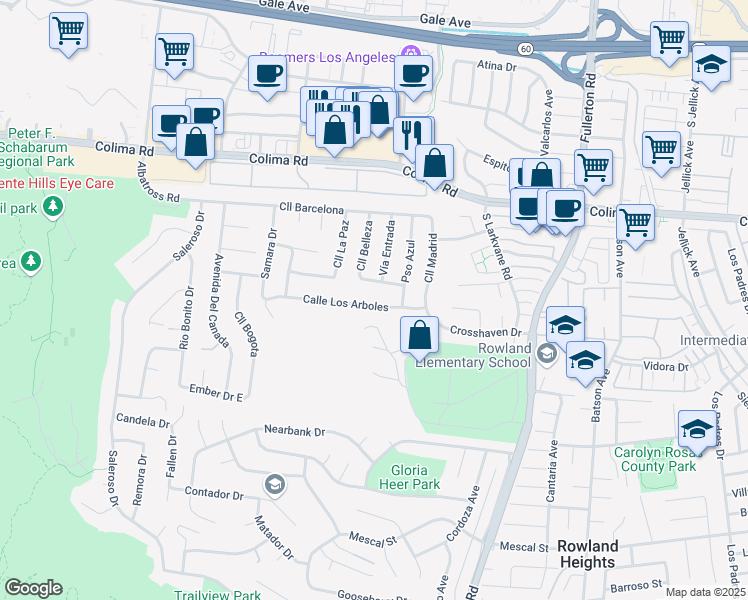 map of restaurants, bars, coffee shops, grocery stores, and more near 17931 Calle Los Arboles in Rowland Heights
