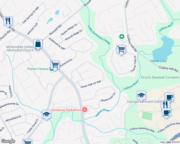 map of restaurants, bars, coffee shops, grocery stores, and more near 410 Meadowfield Trail in Lawrenceville
