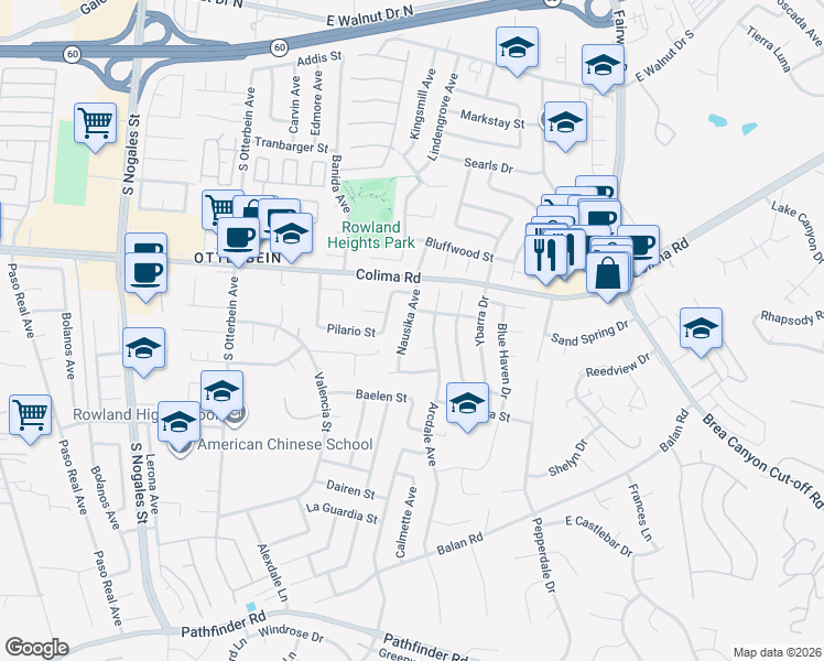map of restaurants, bars, coffee shops, grocery stores, and more near 1811 Nausika Avenue in Rowland Heights