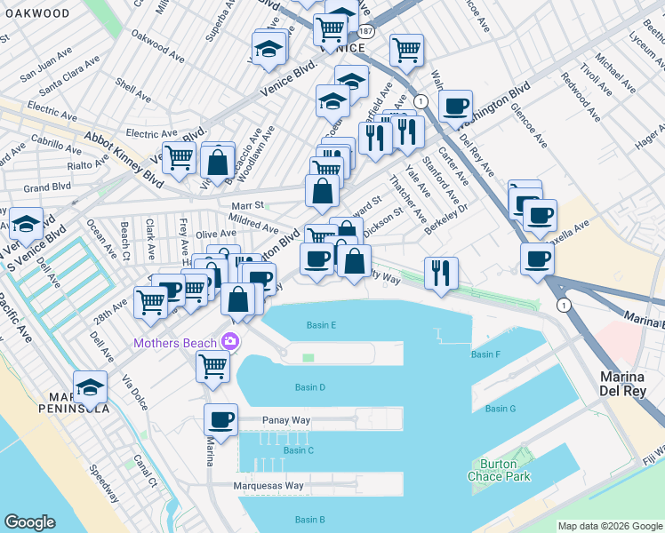 map of restaurants, bars, coffee shops, grocery stores, and more near 4334 Admiralty Way in Marina del Rey