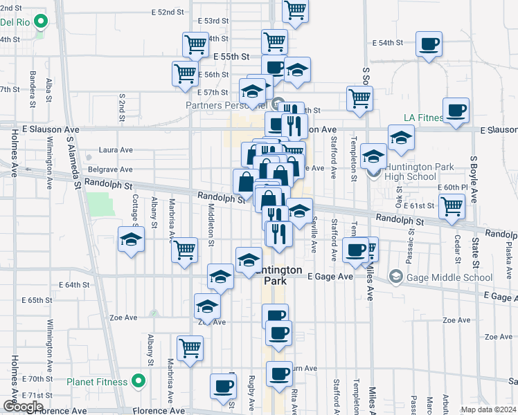 map of restaurants, bars, coffee shops, grocery stores, and more near 6100 Rugby Avenue in Huntington Park