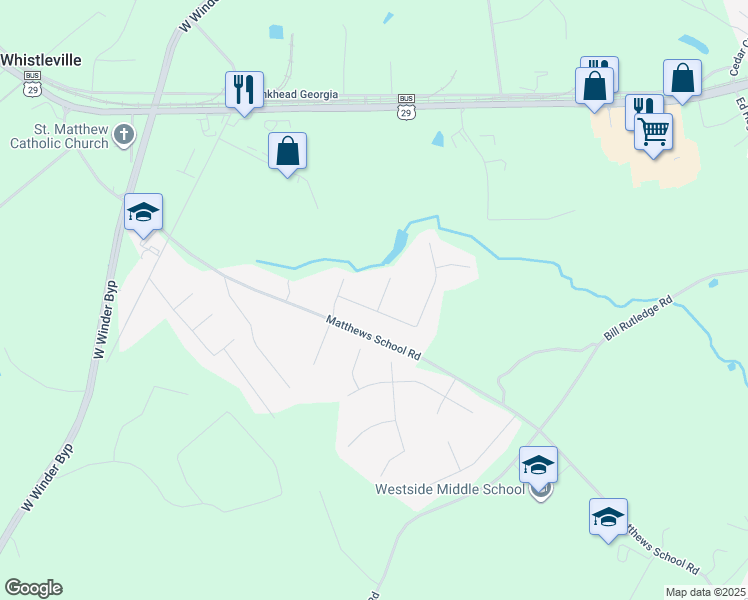 map of restaurants, bars, coffee shops, grocery stores, and more near 344 Glenmoor Place in Winder