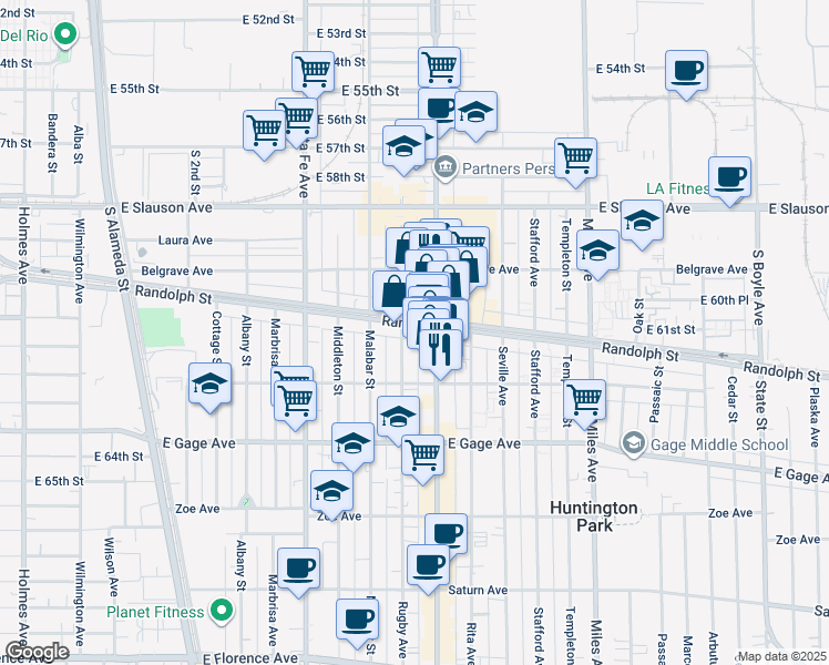 map of restaurants, bars, coffee shops, grocery stores, and more near 6100 Rugby Avenue in Huntington Park