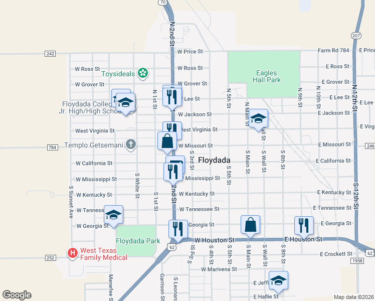 map of restaurants, bars, coffee shops, grocery stores, and more near 407 West Missouri Street in Floydada