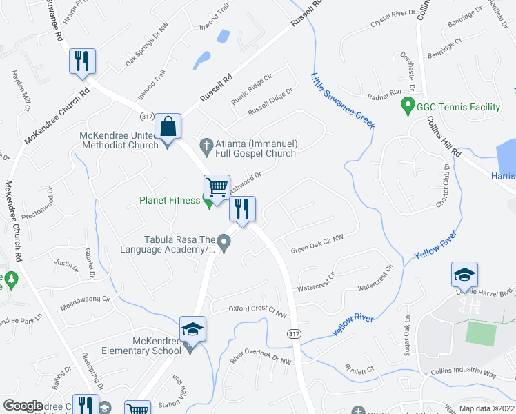 map of restaurants, bars, coffee shops, grocery stores, and more near 1831 Green Oak Circle Northwest in Lawrenceville