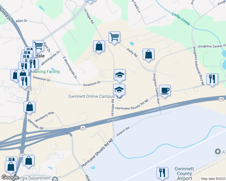 map of restaurants, bars, coffee shops, grocery stores, and more near 723 Hi Hope Road in Lawrenceville