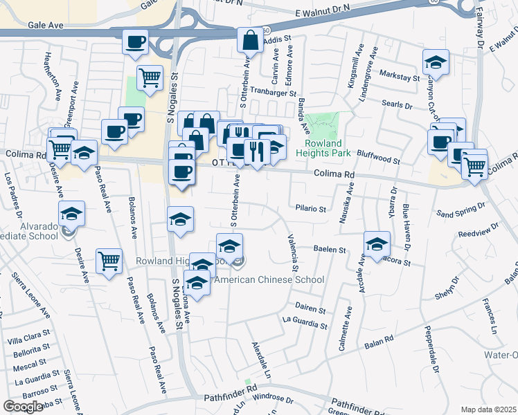 map of restaurants, bars, coffee shops, grocery stores, and more near 1803 Carvin Avenue in Rowland Heights