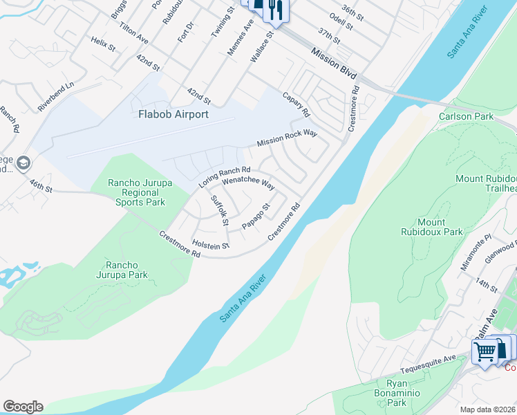 map of restaurants, bars, coffee shops, grocery stores, and more near 4249 Mandan Court in Riverside