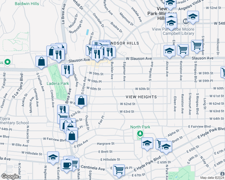 map of restaurants, bars, coffee shops, grocery stores, and more near 4341 West 60th Street in Los Angeles