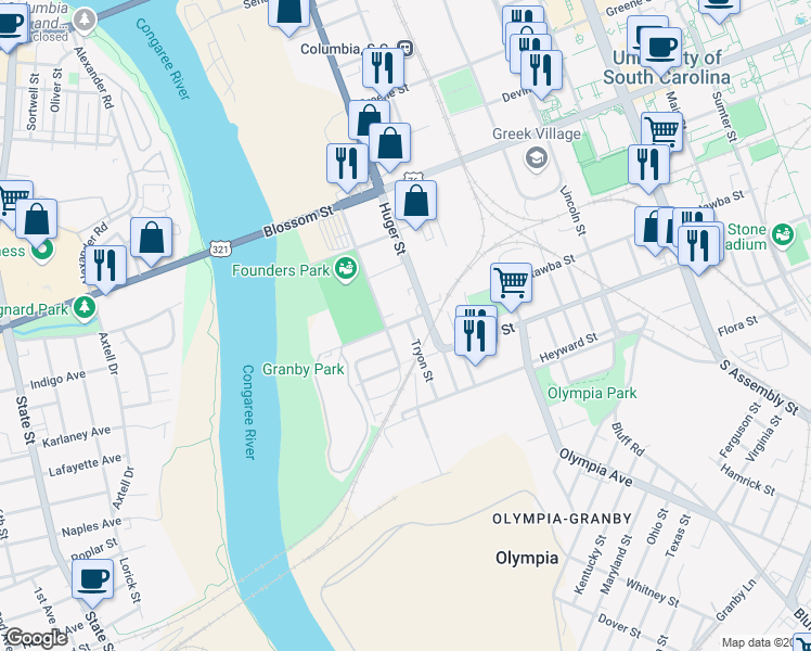 map of restaurants, bars, coffee shops, grocery stores, and more near 233 Tryon Street in Columbia