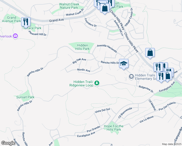 map of restaurants, bars, coffee shops, grocery stores, and more near 14729 Silver Spur Court in Chino Hills