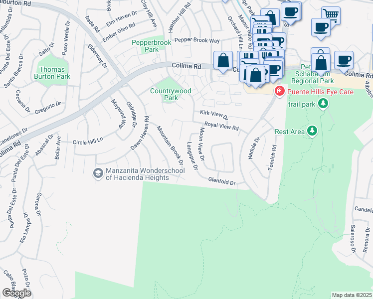 map of restaurants, bars, coffee shops, grocery stores, and more near 2137 Langspur Drive in Hacienda Heights