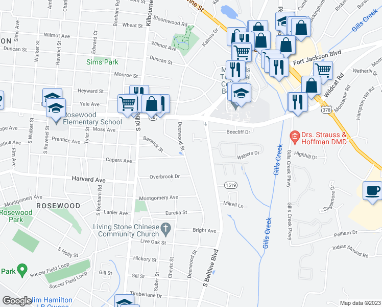 map of restaurants, bars, coffee shops, grocery stores, and more near 510 Deerwood Street in Columbia
