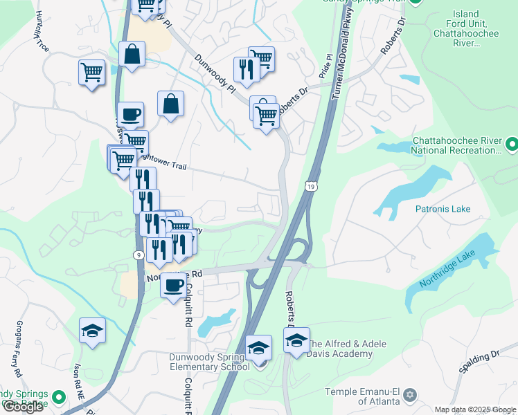 map of restaurants, bars, coffee shops, grocery stores, and more near 100 Highland Park Trail in Sandy Springs