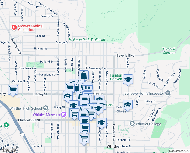 map of restaurants, bars, coffee shops, grocery stores, and more near 6236 Bright Avenue in Whittier