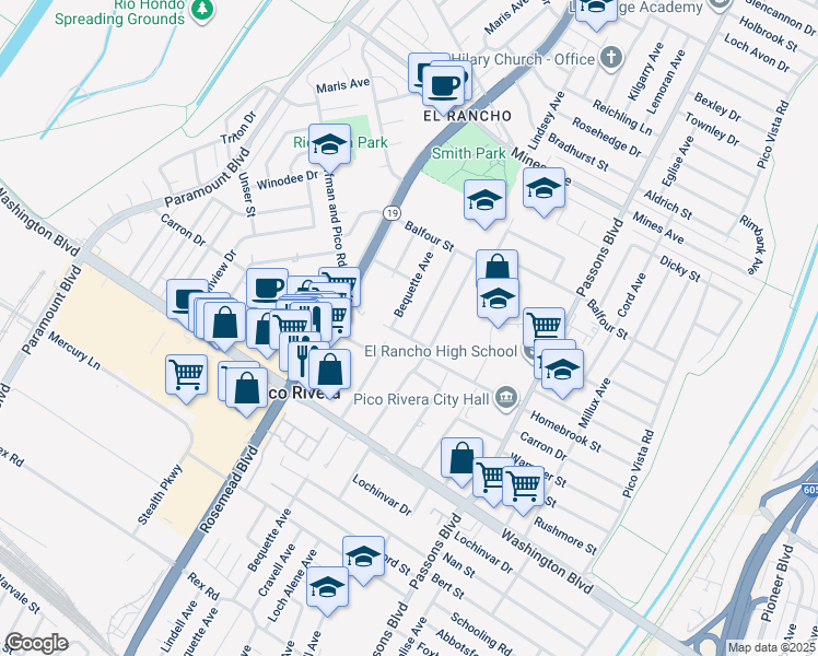 map of restaurants, bars, coffee shops, grocery stores, and more near 6529 Bonnie Vale Avenue in Pico Rivera