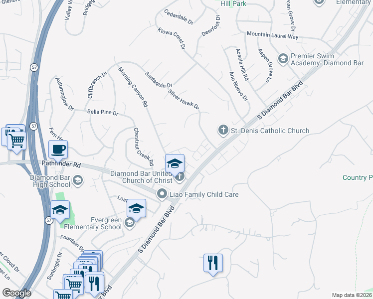 map of restaurants, bars, coffee shops, grocery stores, and more near 2283 Shady Hills Drive in Diamond Bar