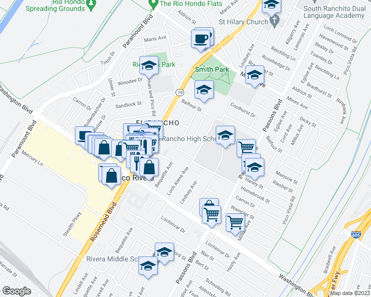 map of restaurants, bars, coffee shops, grocery stores, and more near 6529 Bonnie Vale Avenue in Pico Rivera