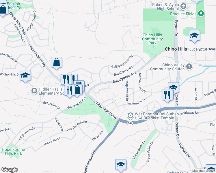 map of restaurants, bars, coffee shops, grocery stores, and more near 14750 Rayo Del Sol in Chino Hills