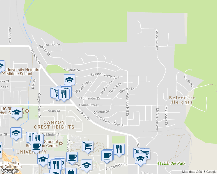 map of restaurants, bars, coffee shops, grocery stores, and more near 3040 Waldorf Drive in Riverside