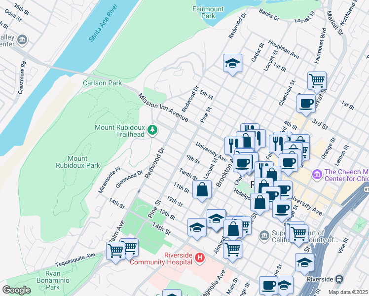 map of restaurants, bars, coffee shops, grocery stores, and more near 3857 Pine Street in Riverside