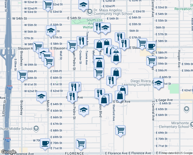 map of restaurants, bars, coffee shops, grocery stores, and more near 511 East 60th Street in Los Angeles