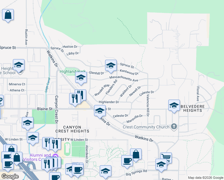map of restaurants, bars, coffee shops, grocery stores, and more near 485 Alta Mesa Drive in Riverside