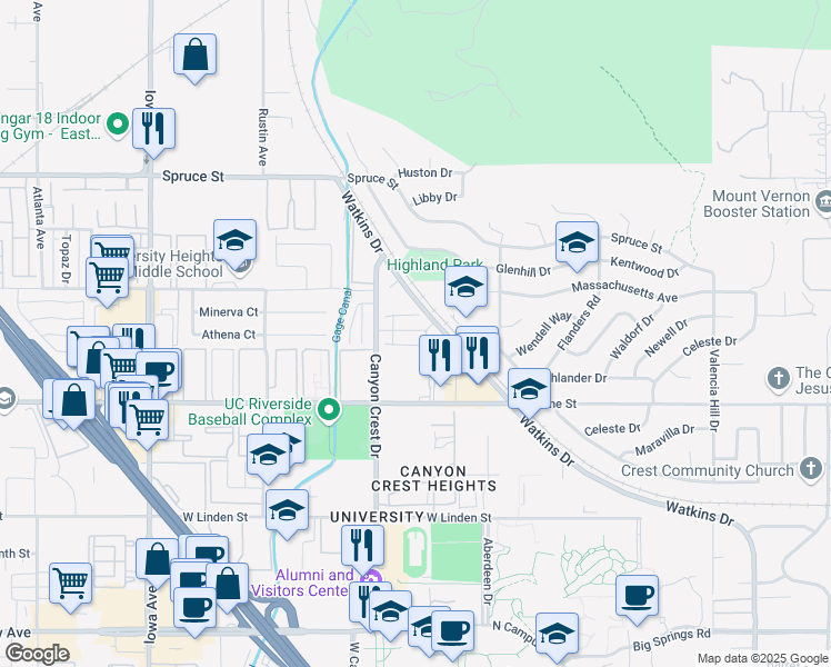 map of restaurants, bars, coffee shops, grocery stores, and more near 851 Prescott Way in Riverside