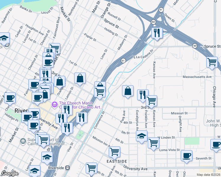 map of restaurants, bars, coffee shops, grocery stores, and more near 3079 East La Cadena Drive in Riverside