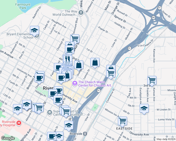 map of restaurants, bars, coffee shops, grocery stores, and more near 3492 3rd Street in Riverside
