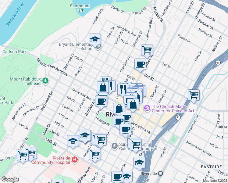 map of restaurants, bars, coffee shops, grocery stores, and more near 3992 6th Street in Riverside