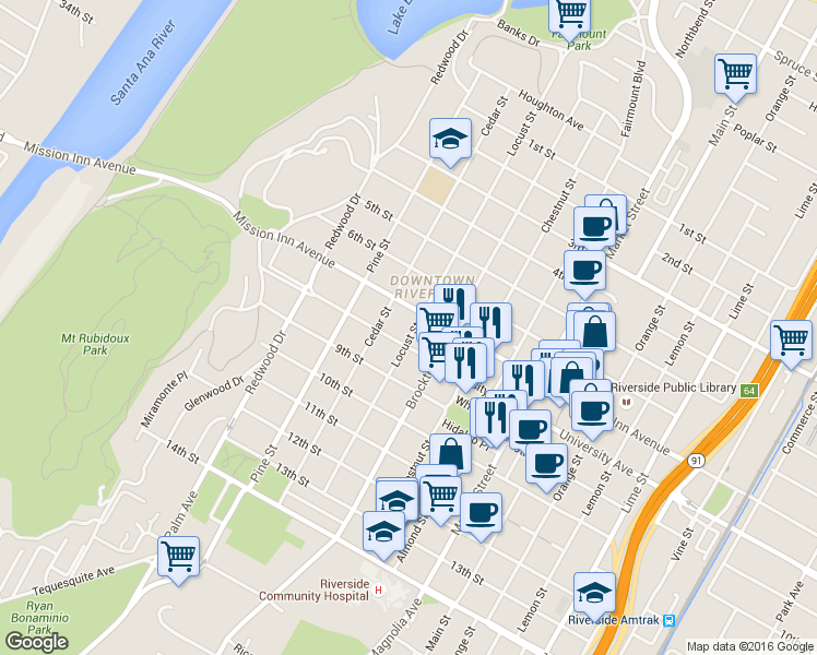 map of restaurants, bars, coffee shops, grocery stores, and more near 4178 Mission Inn Avenue in Riverside