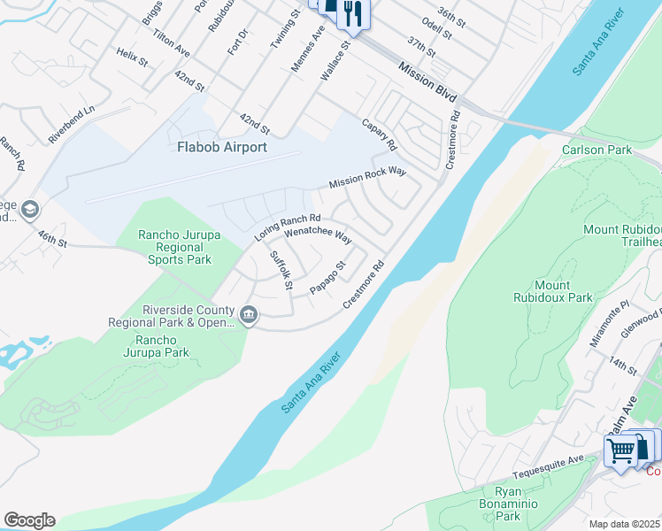 map of restaurants, bars, coffee shops, grocery stores, and more near 4249 Mandan Court in Riverside