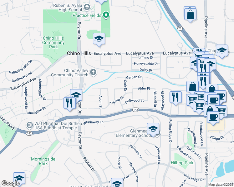 map of restaurants, bars, coffee shops, grocery stores, and more near 14735 Brierwood Drive in Chino Hills