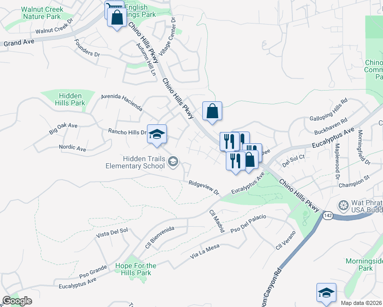 map of restaurants, bars, coffee shops, grocery stores, and more near 2440 Moon Dust Drive in Chino Hills
