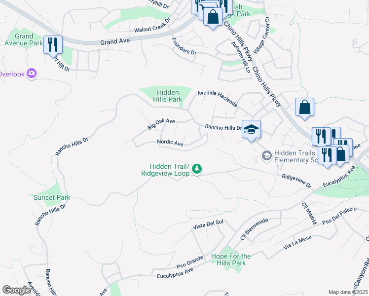 map of restaurants, bars, coffee shops, grocery stores, and more near 14729 Silver Spur Court in Chino Hills