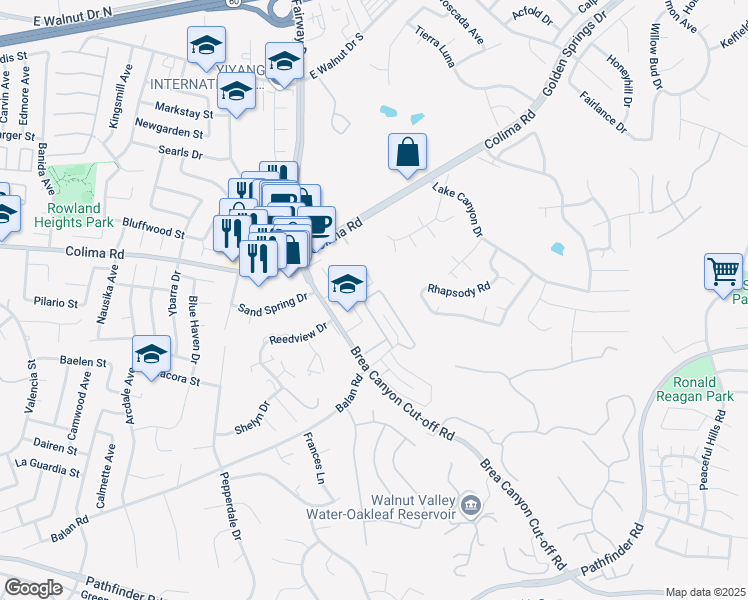 map of restaurants, bars, coffee shops, grocery stores, and more near 1920 Brea Canyon Cut-off Road in Walnut