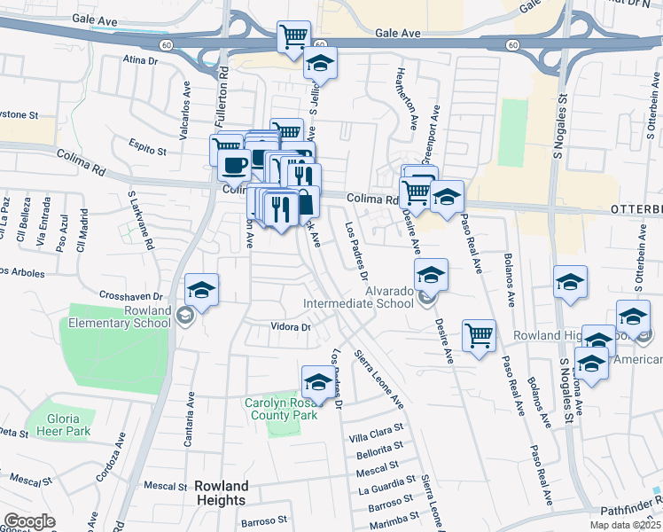 map of restaurants, bars, coffee shops, grocery stores, and more near 1824 Jellick Avenue in Rowland Heights