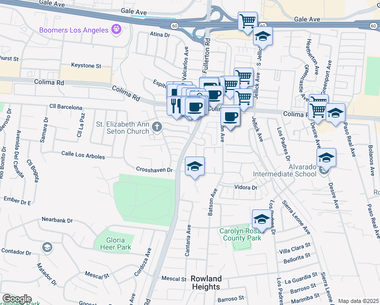 map of restaurants, bars, coffee shops, grocery stores, and more near 18312 Camino Bello in Rowland Heights
