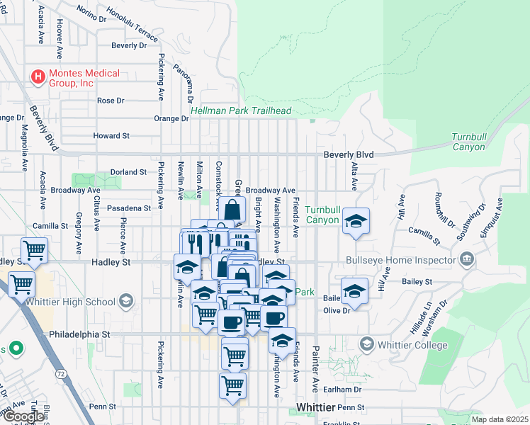 map of restaurants, bars, coffee shops, grocery stores, and more near 6227 Bright Avenue in Whittier