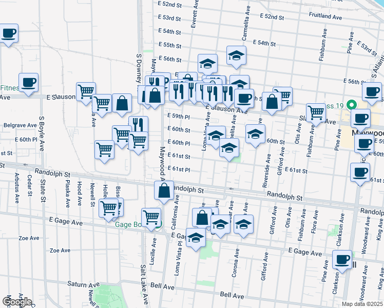 map of restaurants, bars, coffee shops, grocery stores, and more near 3628 East 60th Place in Huntington Park