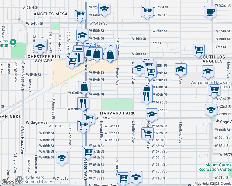map of restaurants, bars, coffee shops, grocery stores, and more near 1606 West 60th Street in Los Angeles