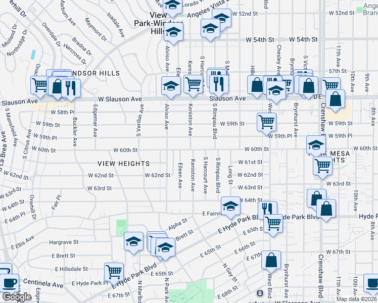 map of restaurants, bars, coffee shops, grocery stores, and more near 3915 West 60th Street in Los Angeles