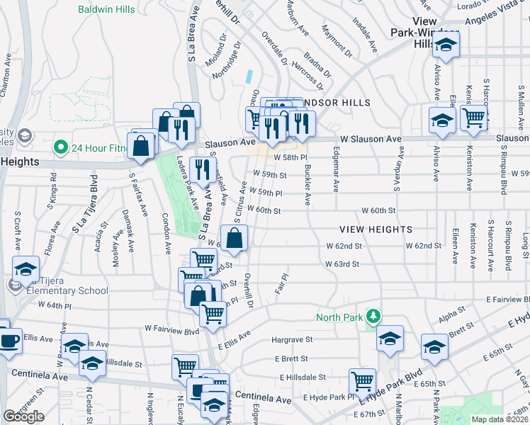 map of restaurants, bars, coffee shops, grocery stores, and more near 4477 West 60th Street in View Park-Windsor Hills