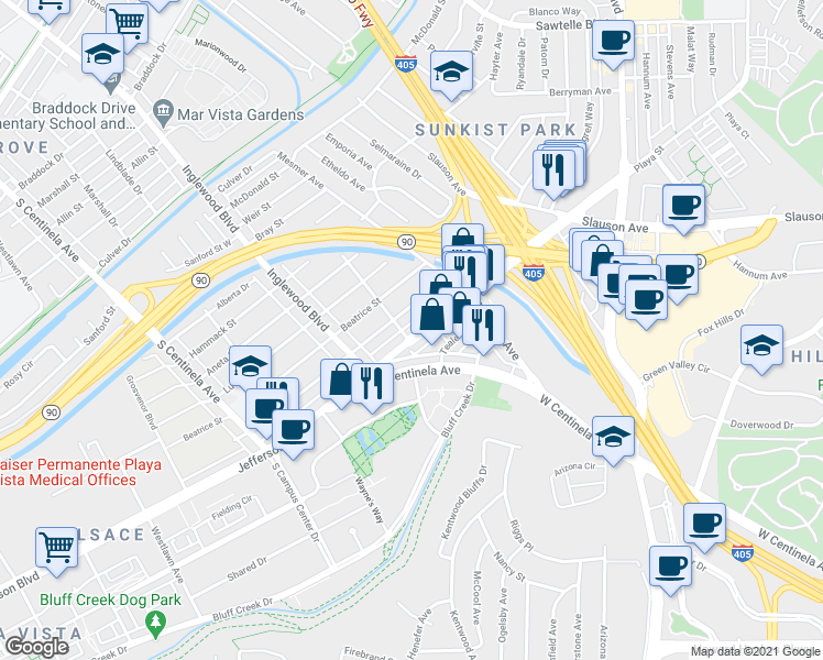 map of restaurants, bars, coffee shops, grocery stores, and more near 11886 Juniette Street in Culver City
