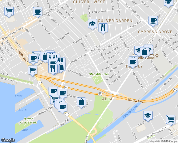 map of restaurants, bars, coffee shops, grocery stores, and more near 4646 Glencoe Avenue in Marina del Rey